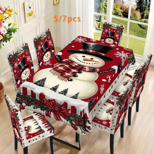 , 5/7pcs Christmas Snowman Snowflake Element Rectangular Tablecloth + Chair Cover Set, All-Polyester Peach Skin Fabric Tablecloth, Removable Chair Cover, Suitable for Family Restaurant, Living Room, Kitchen, Home, Hotel Daily