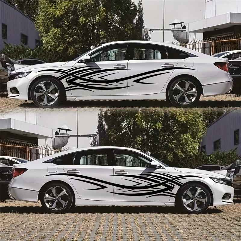 2pcs Sports Car Vinyl Stickers - Black & White Aggressive Design, Self-Adhesive Side Skirts for Cars, Trucks, and Motorcycles, Glossy Finish, Single Use, Sports Car Accessories | Aggressive Design | Glossy Vinyl
