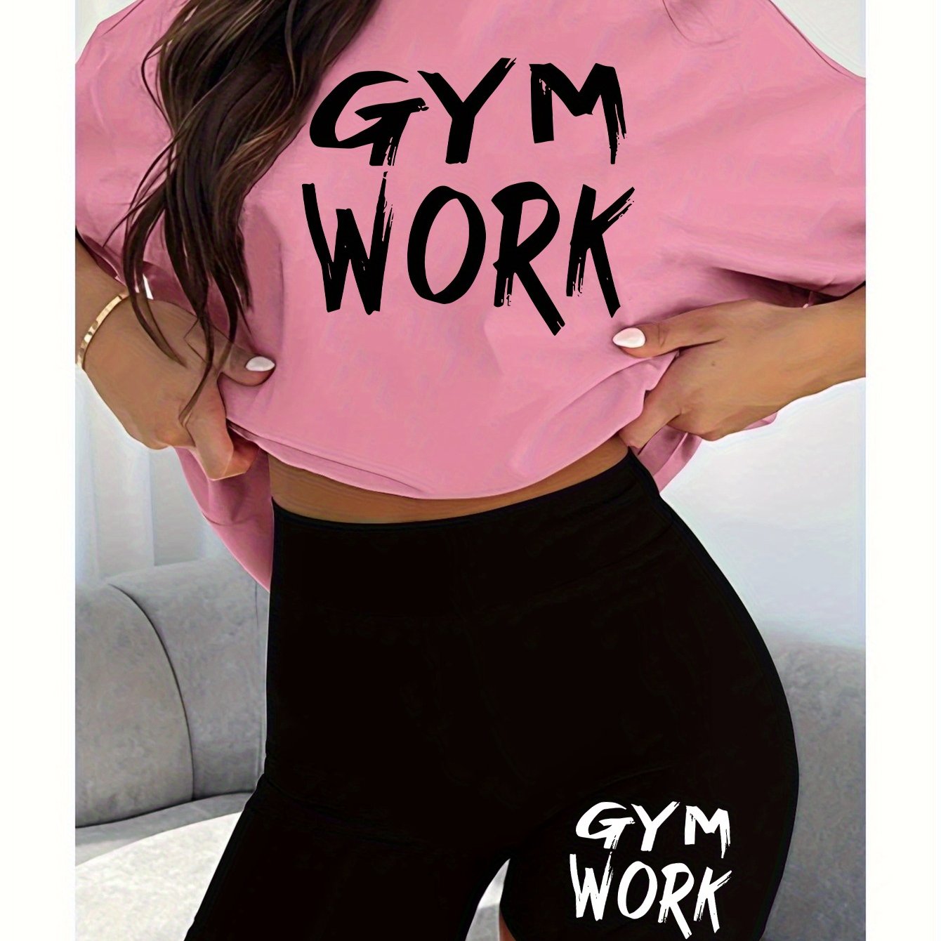 2pcs Women'S Gym Workout Set with Bold "GYM WORK" Letter Print T-Shirt and Black Shorts, Casual Athletic Outfit for Running and Fitness, Comfortable Fabric, Ladies' - Topdecheztop.fr