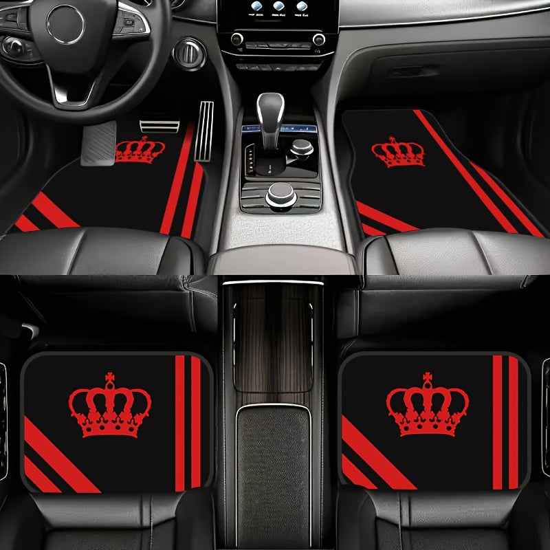 4pcs Crown Element Red and Black Simple Style Car Floor Mats - Front and Rear Seat Protectors, Easy to Clean, Suitable for All Models