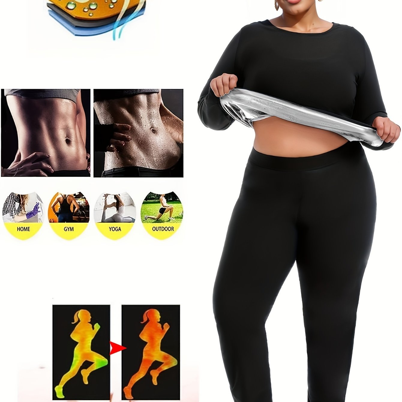 Set Of 2 Plus-size Women's Sportswear, Sauna Yoga Set, With Internal Sweat-absorbing Coating, Moisture-wicking, Yoga And Fitness Clothing, Plus-size Long-sleeved Top And Sauna Pants - Topdecheztop.fr