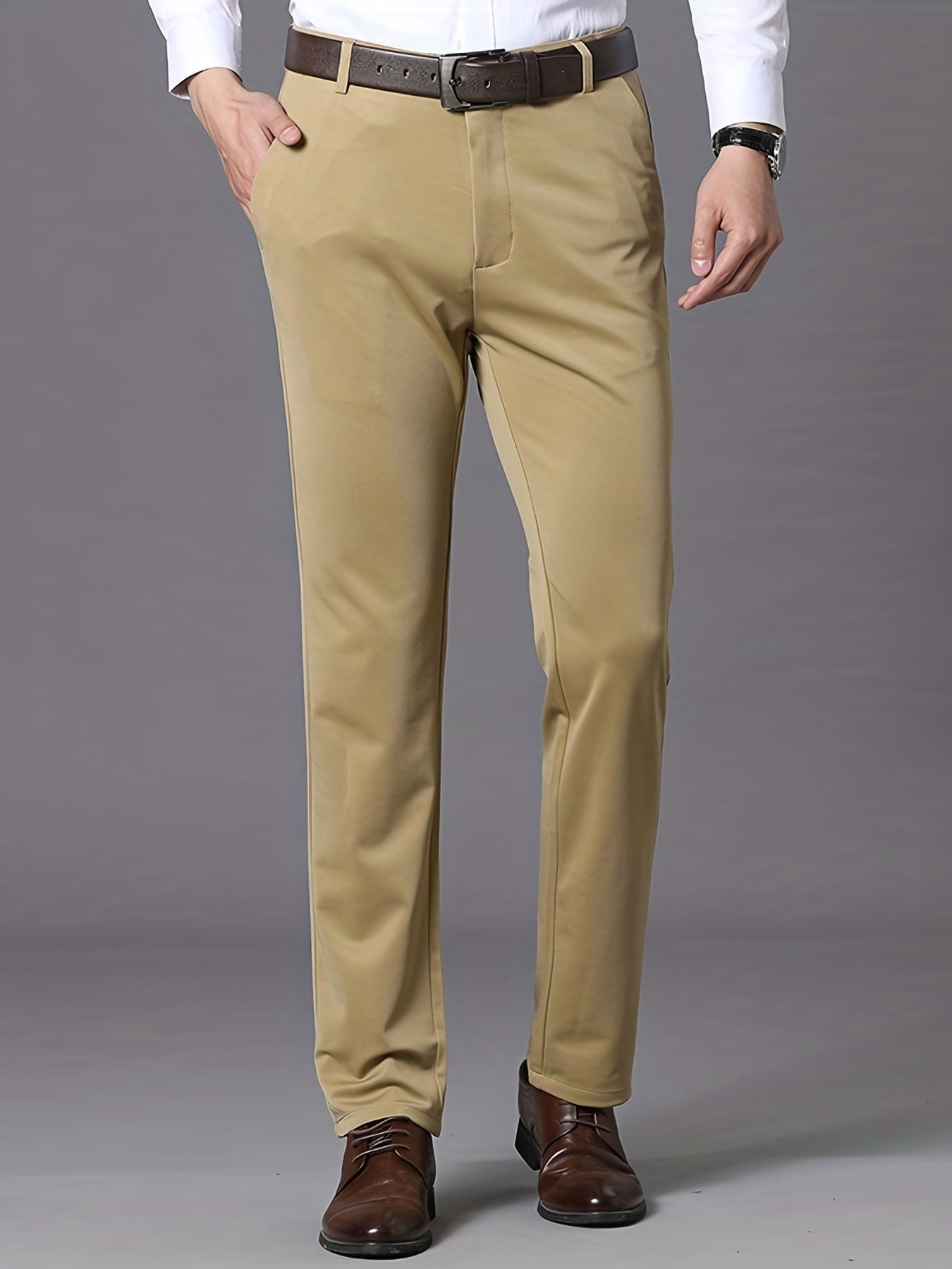 Pantalon habillé classique, couleur unie, légèrement extensible, pour homme