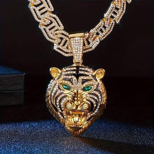 Pendentif tête de tigre aux yeux verts, 1 pièce, avec un collier cubain en strass