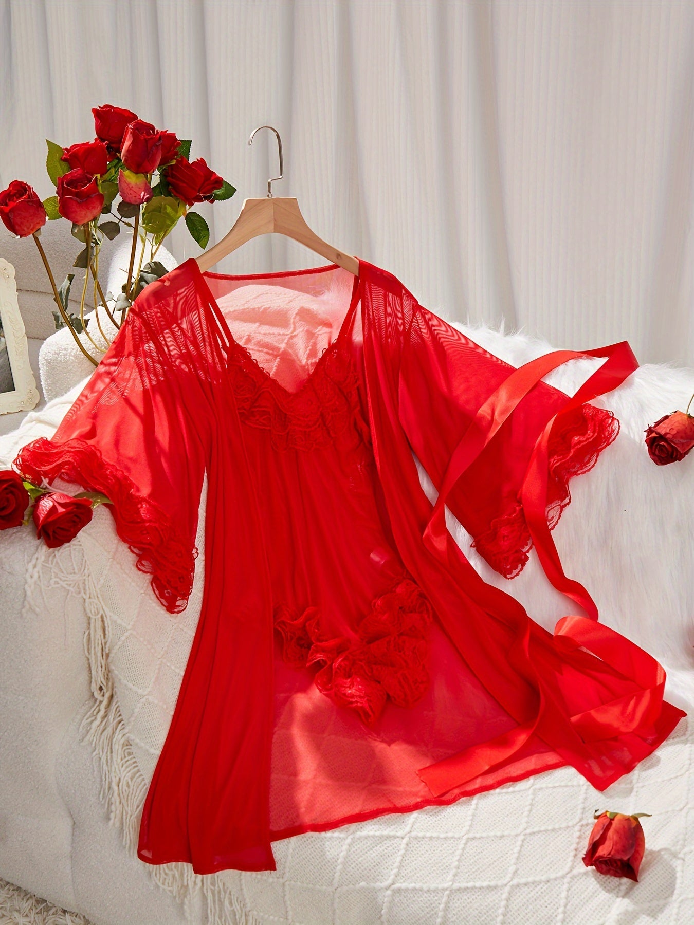 Ensemble de lingerie en dentelle contrastée unie, body et peignoir à col en V - Topdecheztop.fr