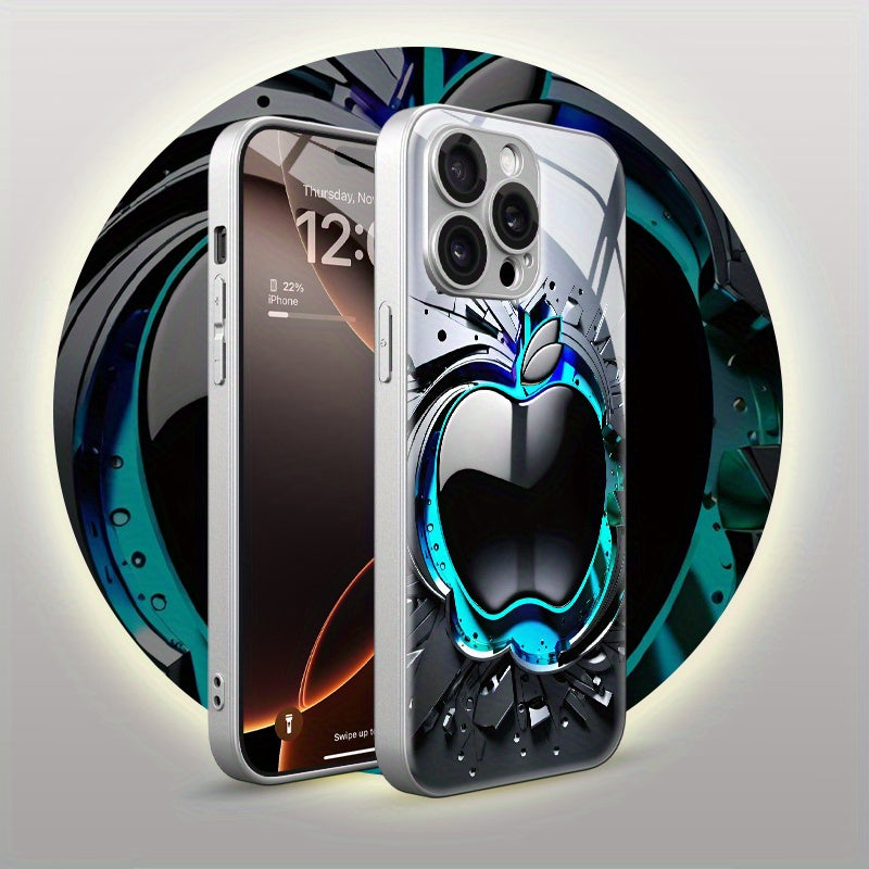 Coque de téléphone en verre trempé avec motif pomme noir et gris