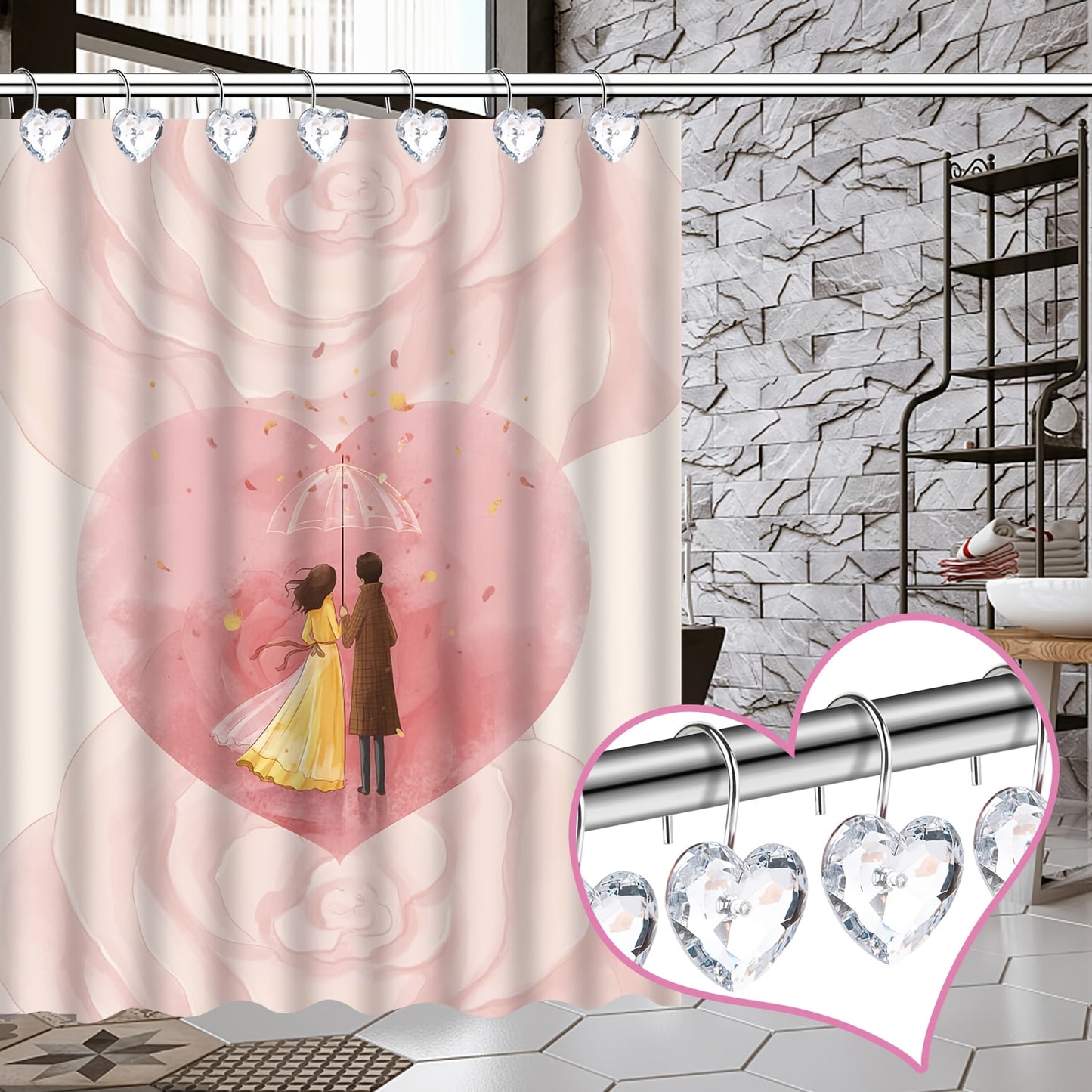 Lot de 12 crochets de rideau de douche en forme de cœur en cristal