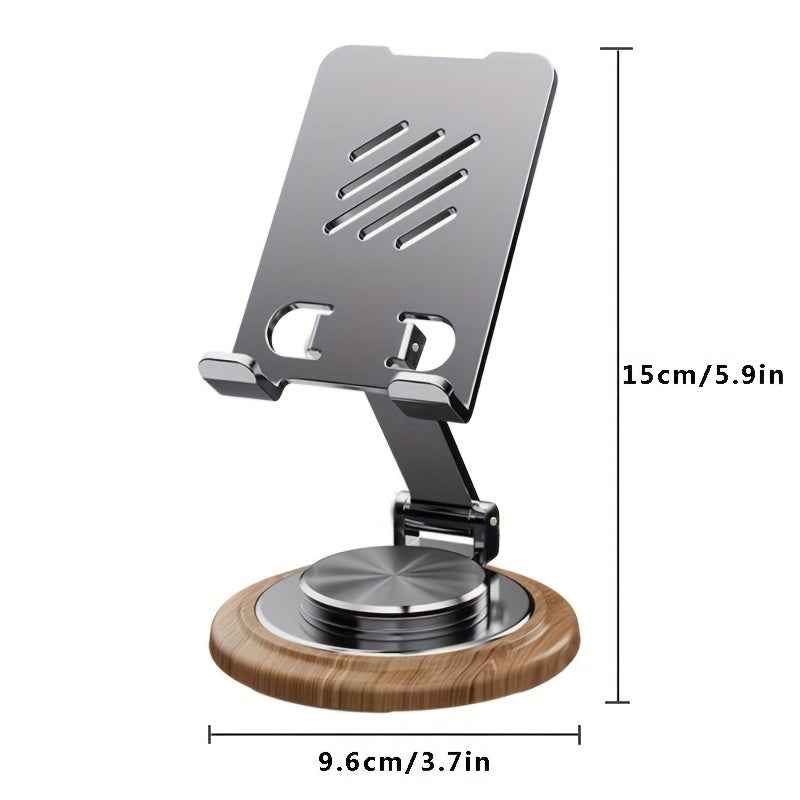 Walnut Wood Grain Folding Mobile Phone Holder, Adjustable Folding Desktop Mobile Phone Holder, All Metal 360-Degree Rotating Holder, Suitable for Mobile Phone Desktop Holder, Suitable for Home, Office And Travel Use-Ideal Gif