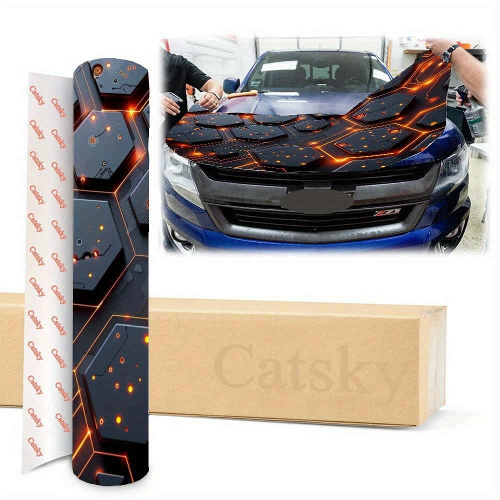 Hexagonal Matrix Stickers-Black with Orange Shining Lines And White Spots, PVC Vinyl Stickers for Car Hoods, SUVs, And Trucks-Fashionable Automotive Accessories Gifts for Vehicle Customization And Decoration, Car Decal Sticke