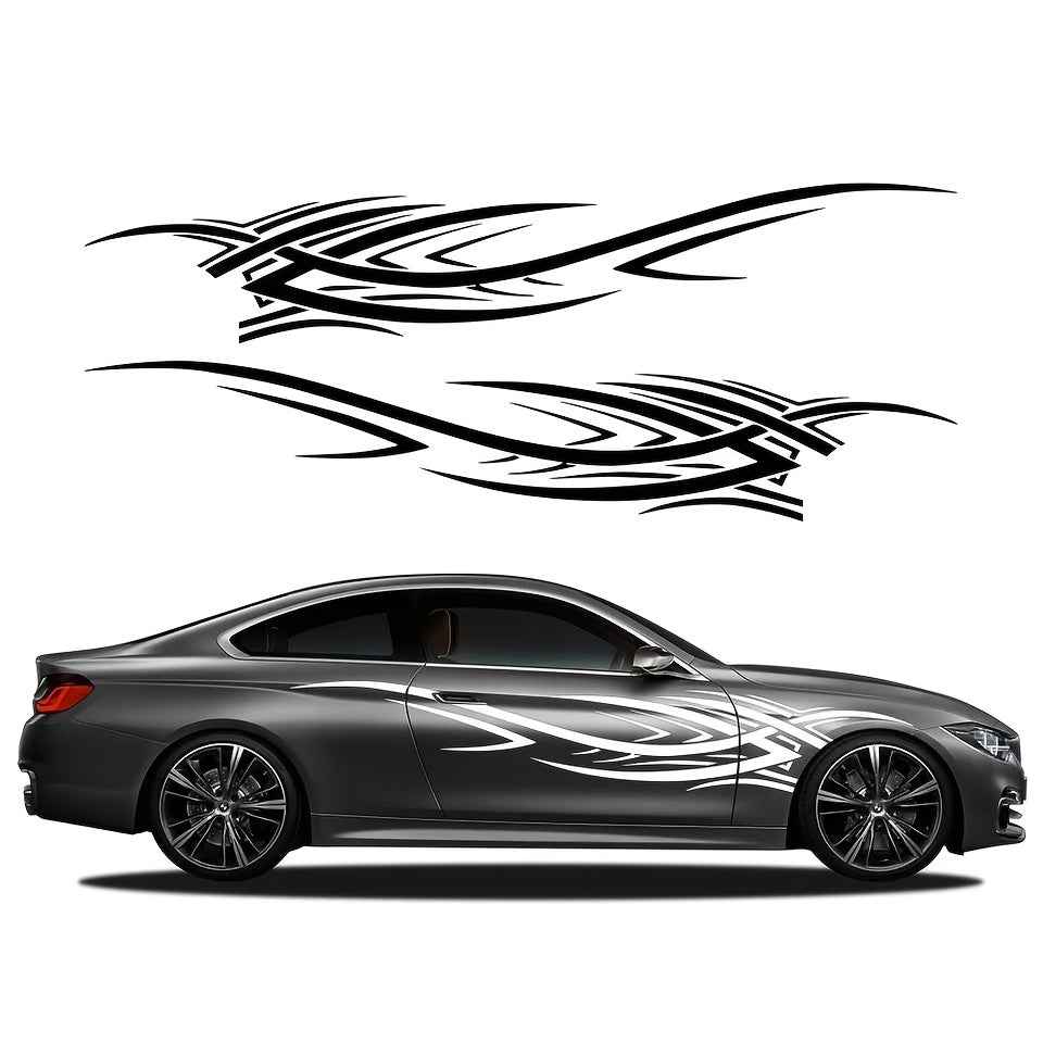 2pcs Sports Car Vinyl Stickers - Black & White Aggressive Design, Self-Adhesive Side Skirts for Cars, Trucks, and Motorcycles, Glossy Finish, Single Use, Sports Car Accessories | Aggressive Design | Glossy Vinyl