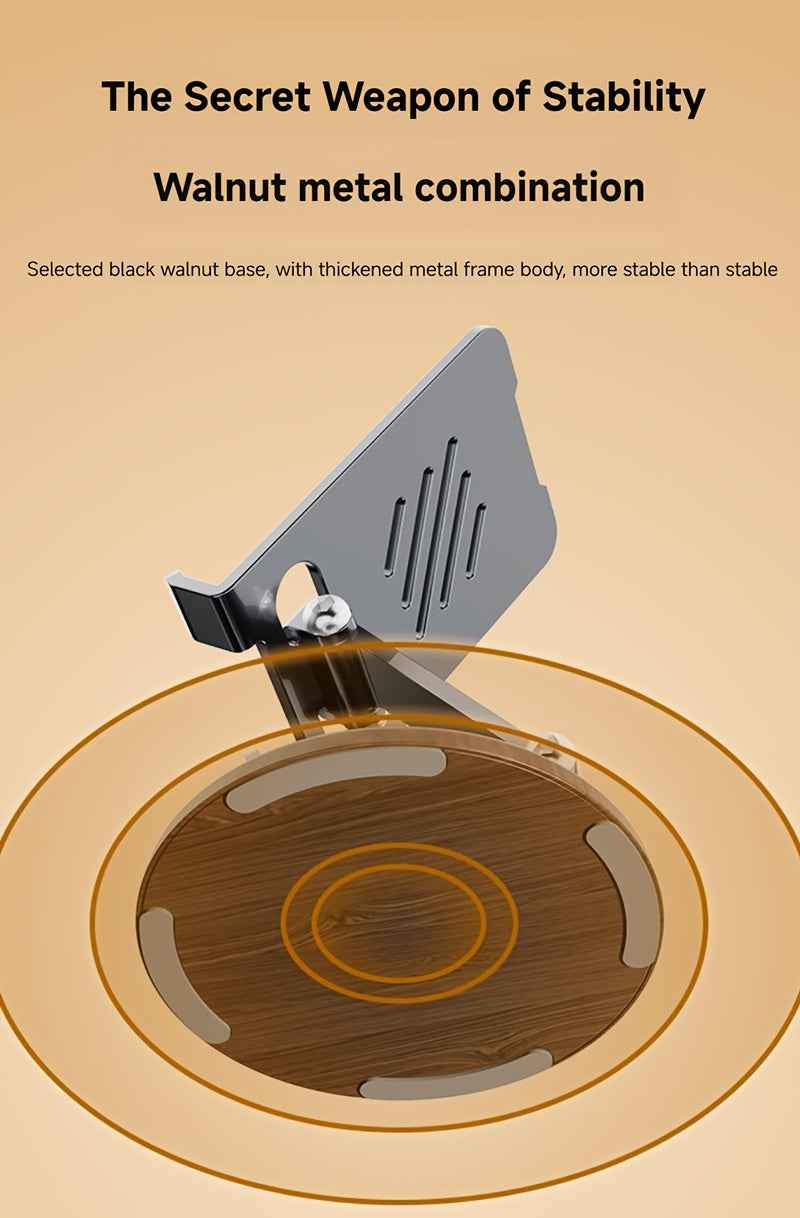 Walnut Wood Grain Folding Mobile Phone Holder, Adjustable Folding Desktop Mobile Phone Holder, All Metal 360-Degree Rotating Holder, Suitable for Mobile Phone Desktop Holder, Suitable for Home, Office And Travel Use-Ideal Gif