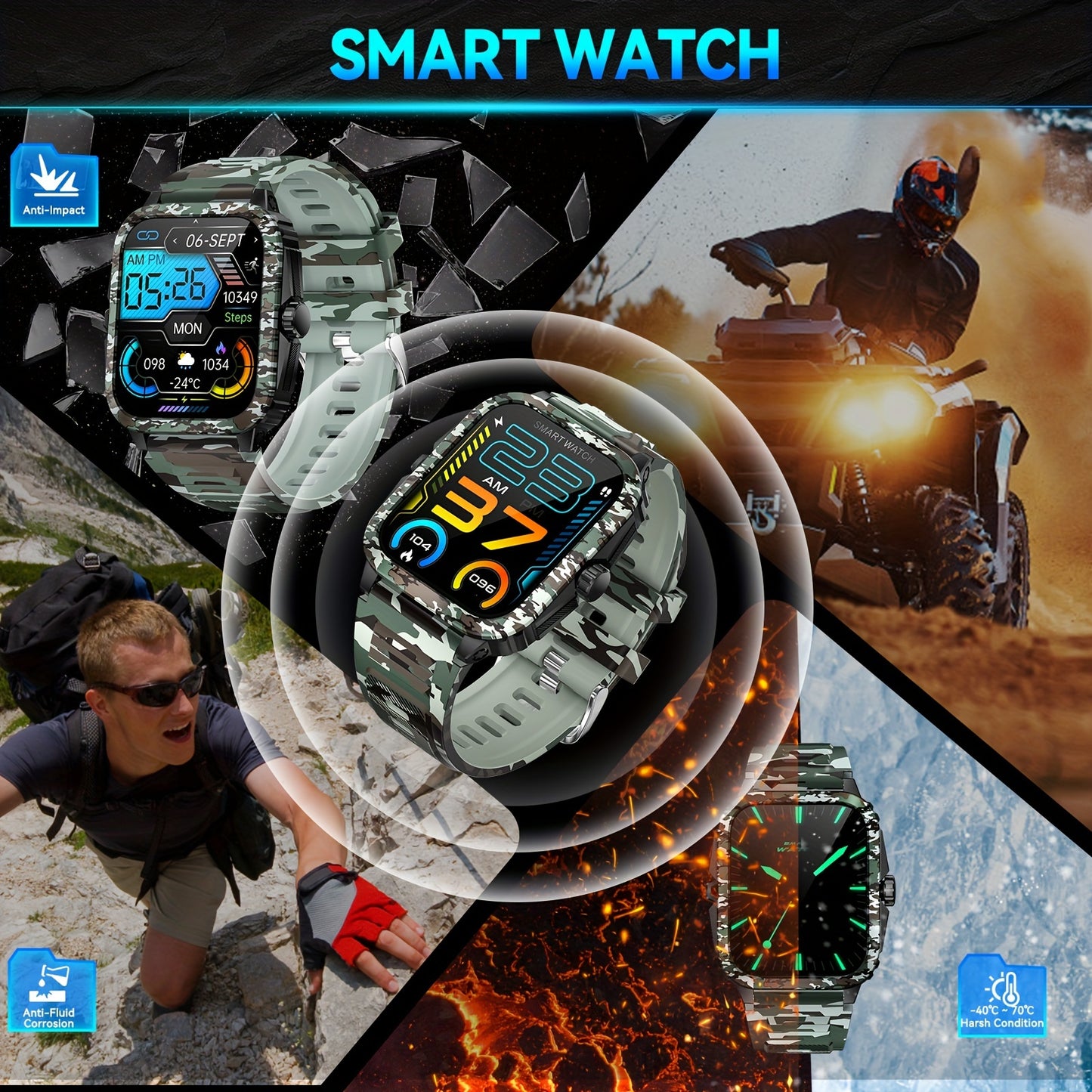 Montre connectée style camouflage JELLOO avec enregistrement d'exercice - Topdecheztop.fr