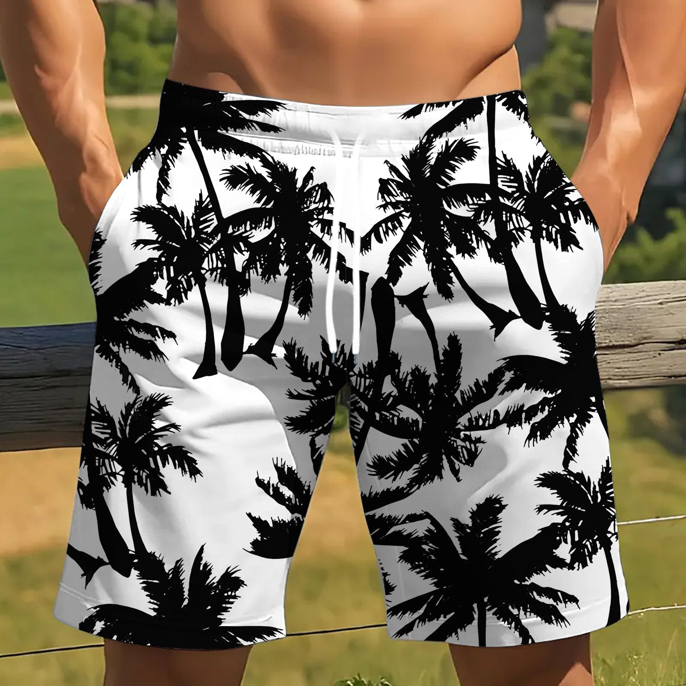 Short décontracté pour homme orné d'un motif de cocotier noir sur fond blanc