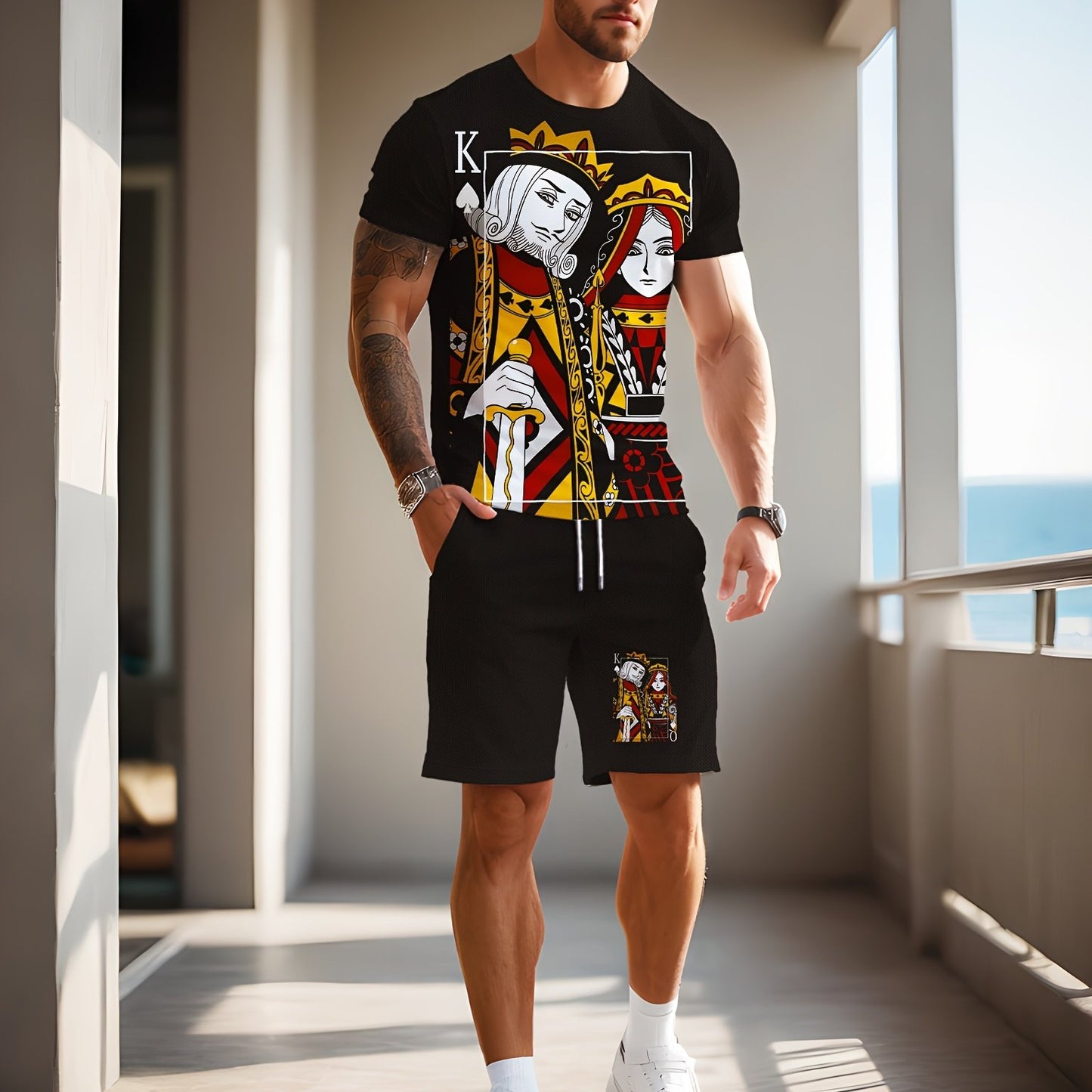 Ensemble t-shirt et short noir imprimé 3D Poker