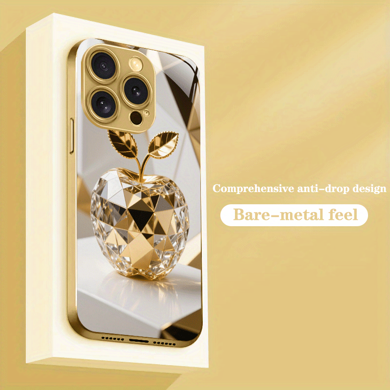 Coque en verre trempé en métal doré à motif pomme dorée, IPHONE - Topdecheztop.fr