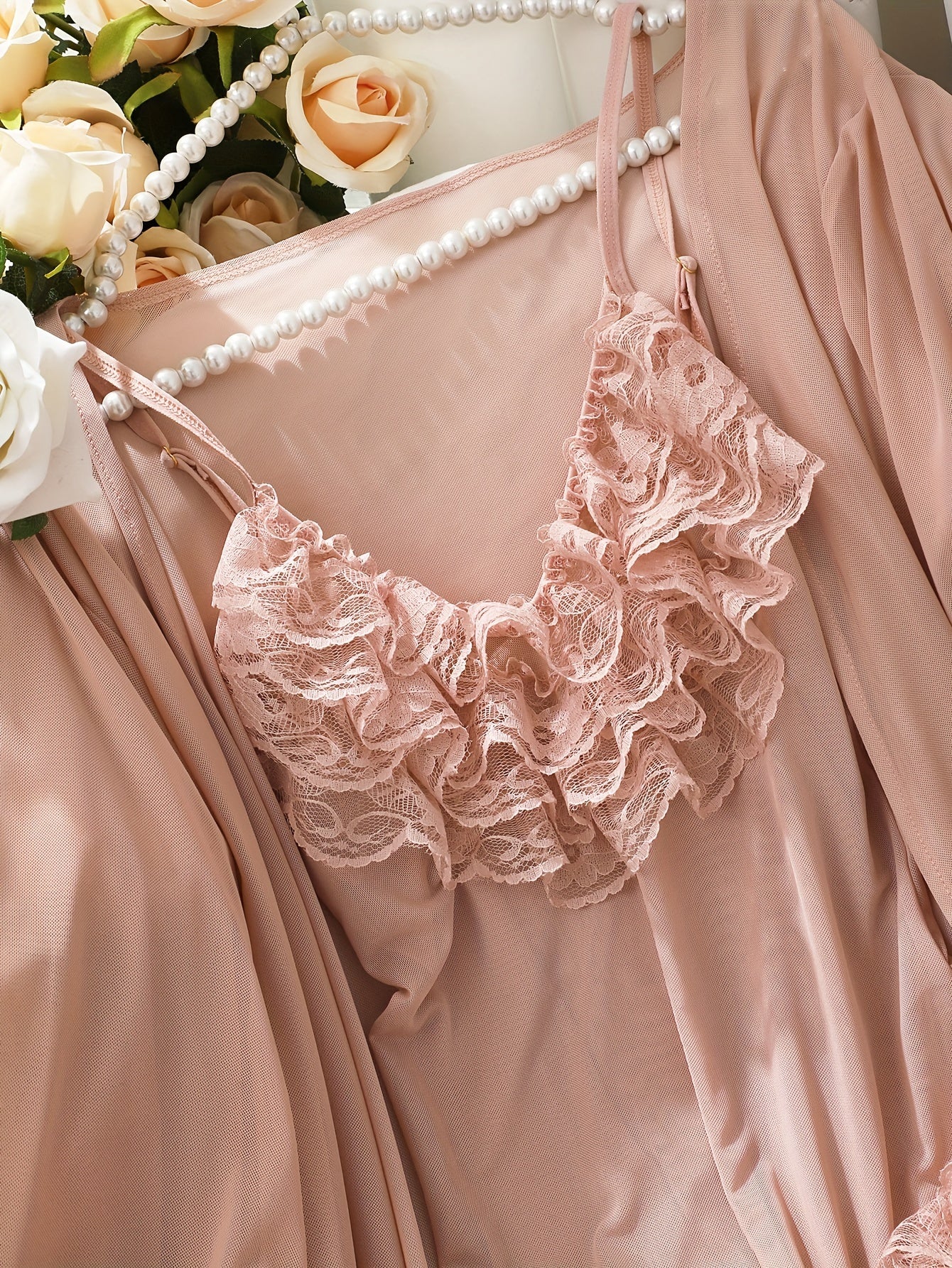 Ensemble de lingerie en dentelle contrastée unie, body et peignoir à col en V - Topdecheztop.fr