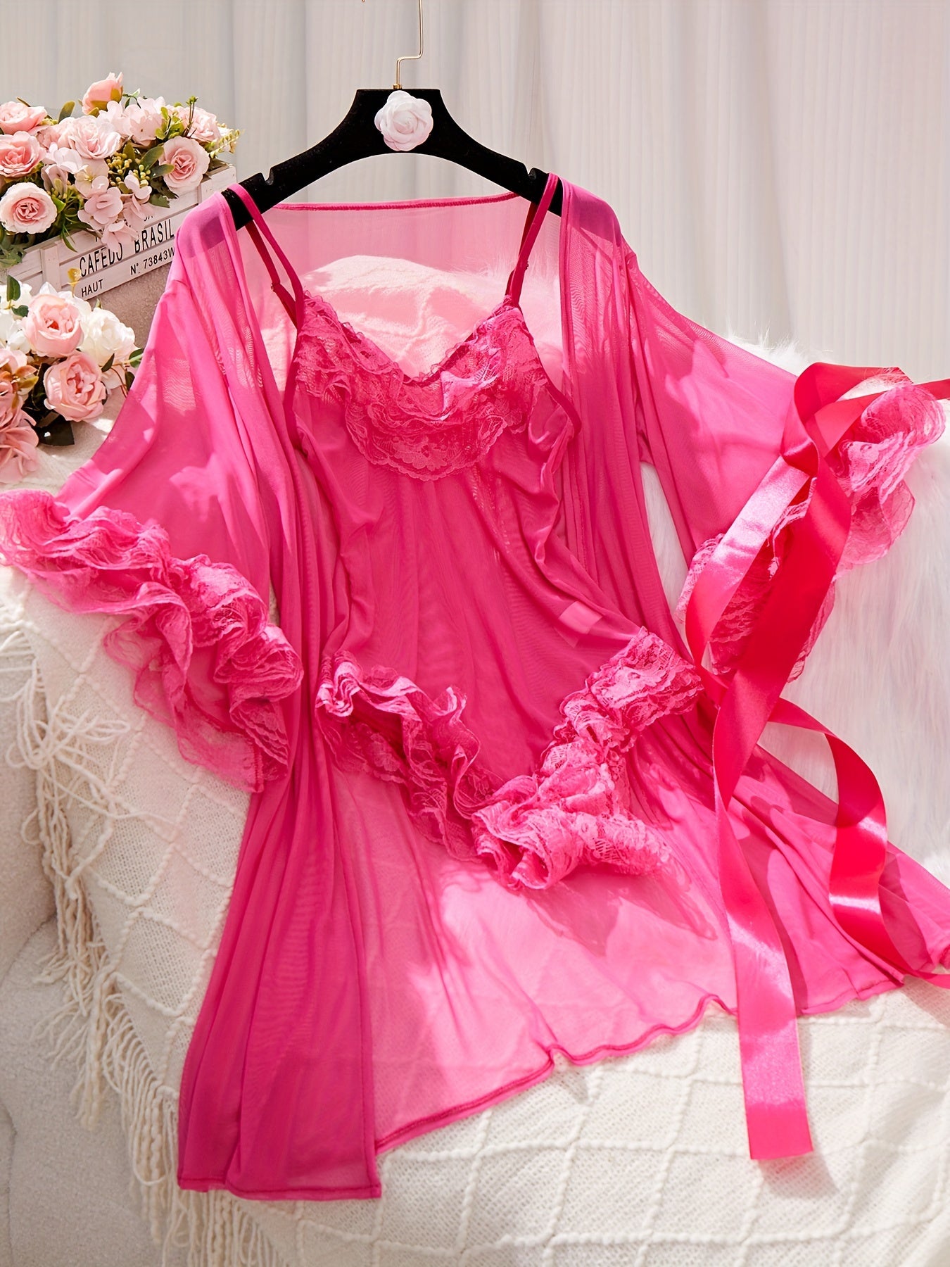 Ensemble de lingerie en dentelle contrastée unie, body et peignoir à col en V - Topdecheztop.fr