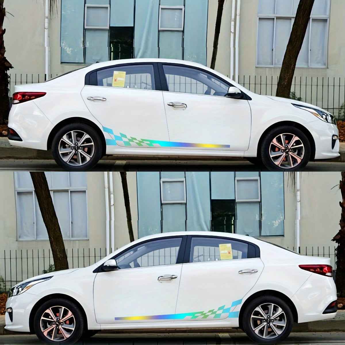 Pair of 196.09cm 'Racing Car Holographic Side Stripe Decals - Waterproof, Self-Adhesive Vinyl Stickers with Checkered Patterns for Vehicle Doors and Windows, Car