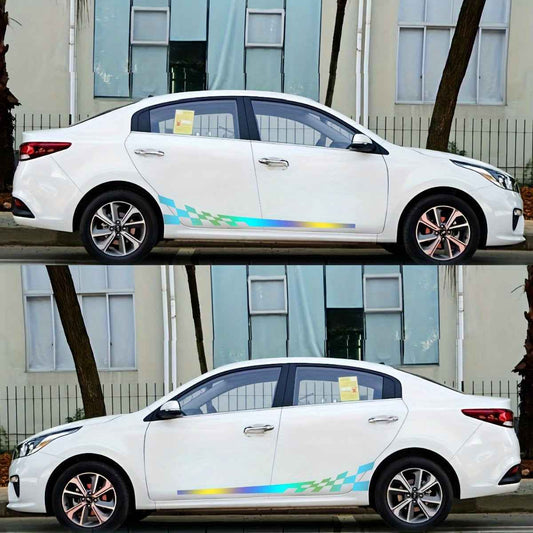 Pair of 196.09cm 'Racing Car Holographic Side Stripe Decals - Waterproof, Self-Adhesive Vinyl Stickers with Checkered Patterns for Vehicle Doors and Windows, Car