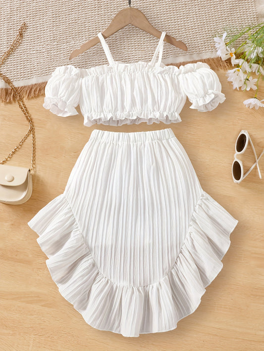 Elegant 2 Pcs Cold-Shoulder Crop Top + High Wait Skirt Girl's Set, Holiday Leisure Summer Clothes, Gift - Topdecheztop.fr