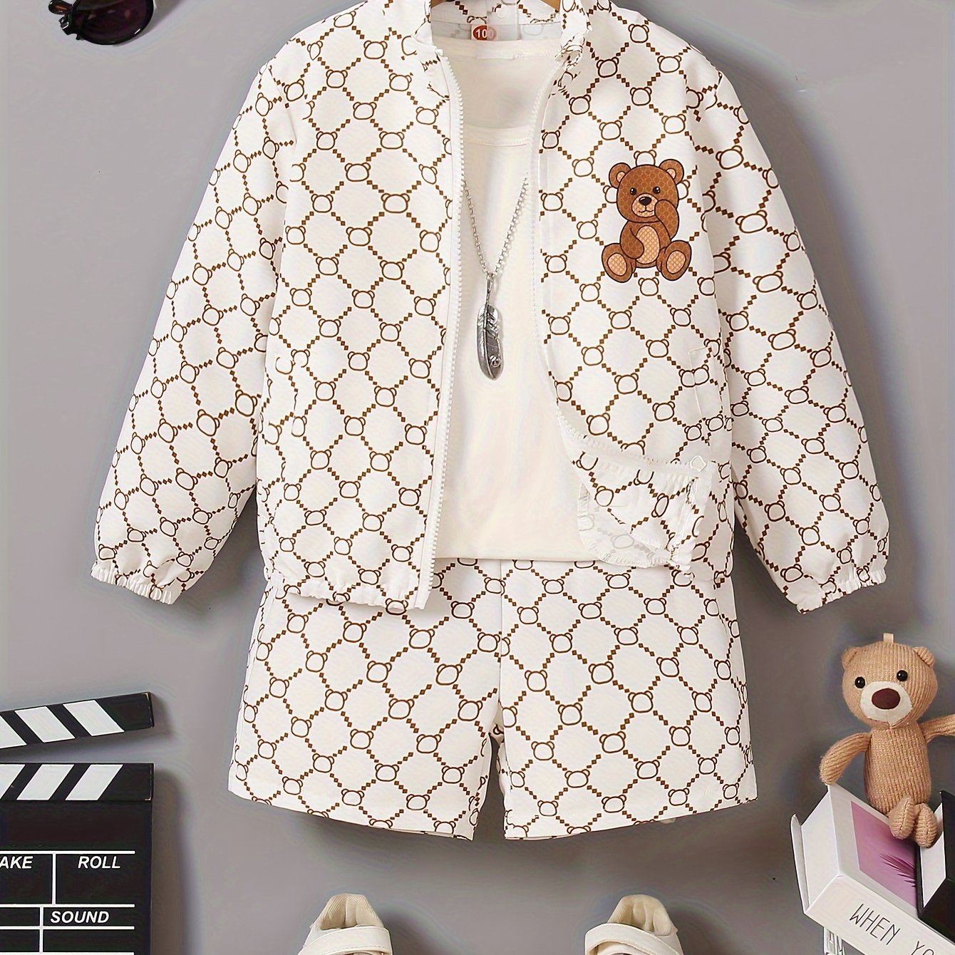 Kids Sporty Quick-Dry Woven Zip-Up Long Sleeve Jacket & Shorts Set, Cute Bear Print, Casual Style, Boys Spring And Fall Outfit - Topdecheztop.fr