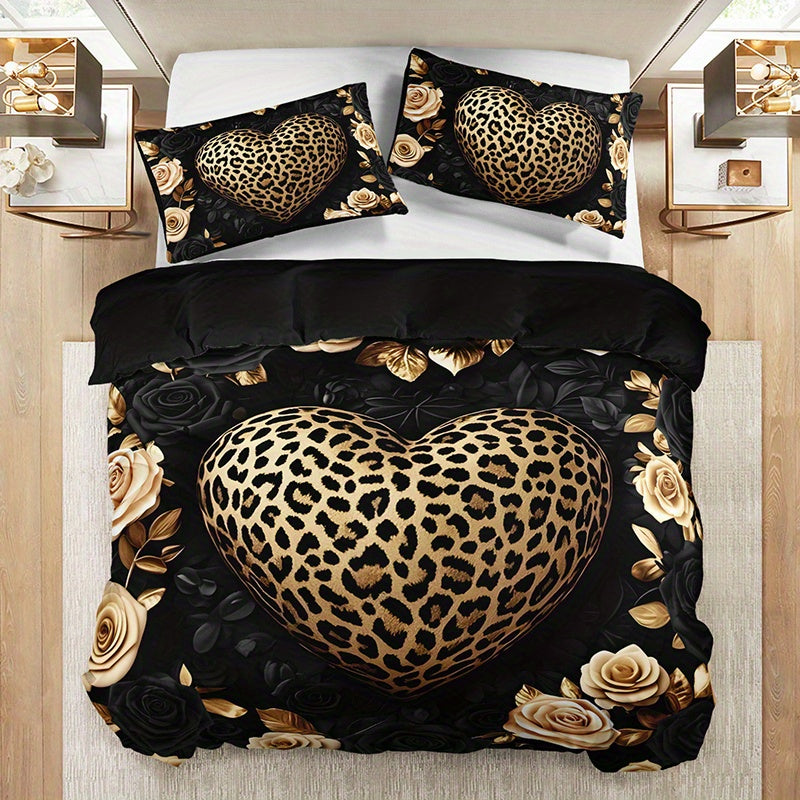 Parure de lit 3 pièces à imprimé léopard et roses (1 housse de couette + 2 taies d'oreiller, sans garniture), style rétro romantique luxueux, impression haute définition
