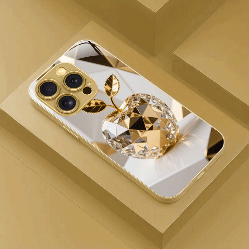 Coque en verre trempé en métal doré à motif pomme dorée, IPHONE - Topdecheztop.fr