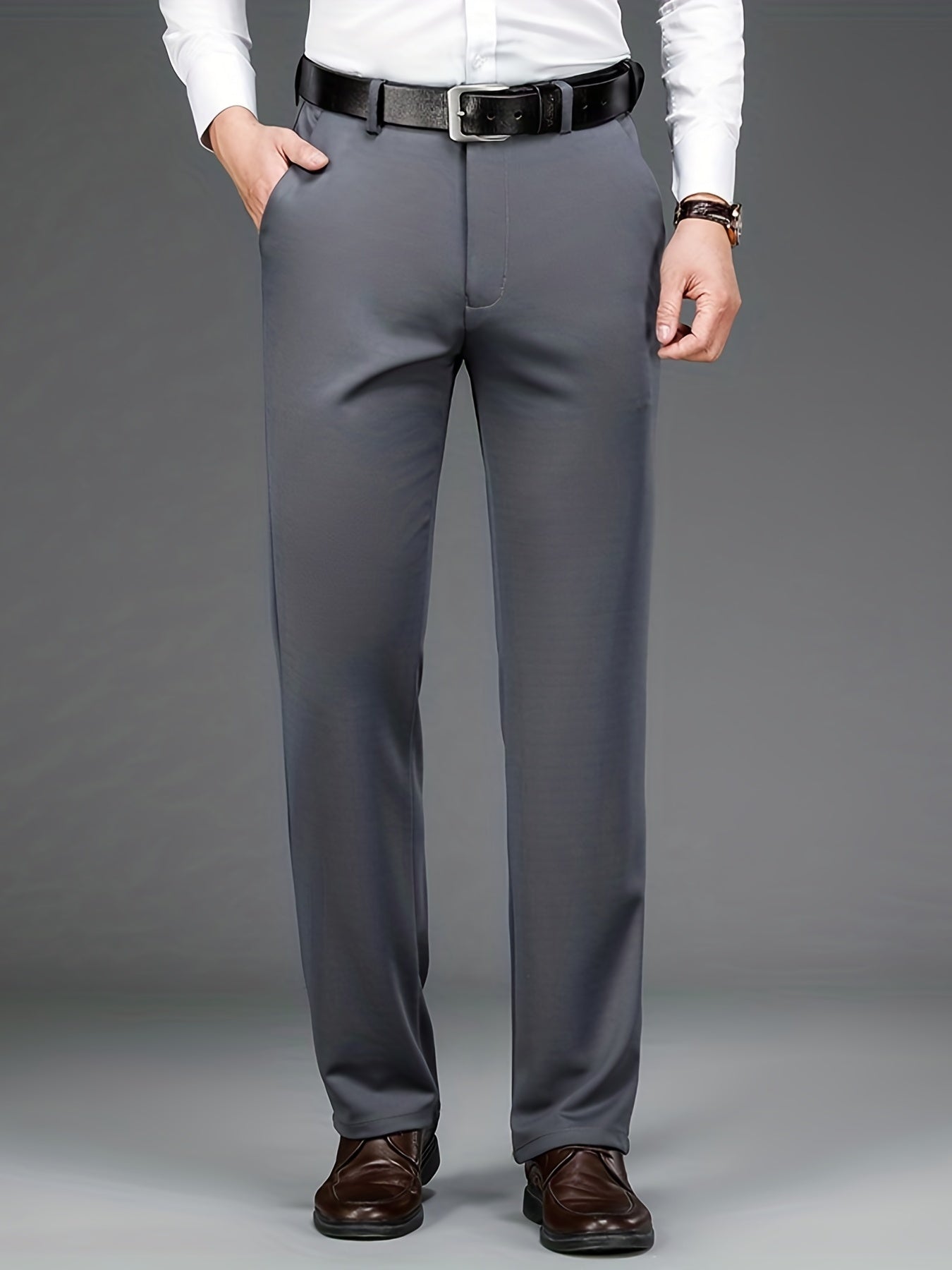 Pantalon habillé classique, couleur unie, légèrement extensible, pour homme