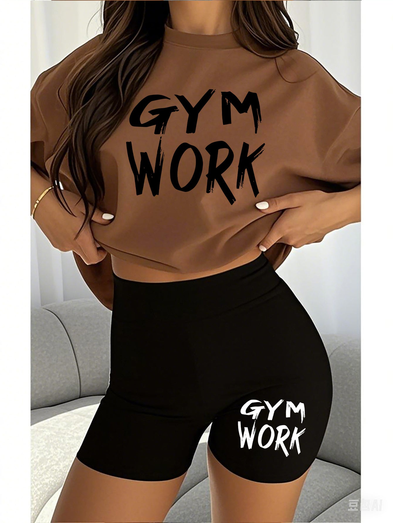2pcs Women'S Gym Workout Set with Bold "GYM WORK" Letter Print T-Shirt and Black Shorts, Casual Athletic Outfit for Running and Fitness, Comfortable Fabric, Ladies' - Topdecheztop.fr