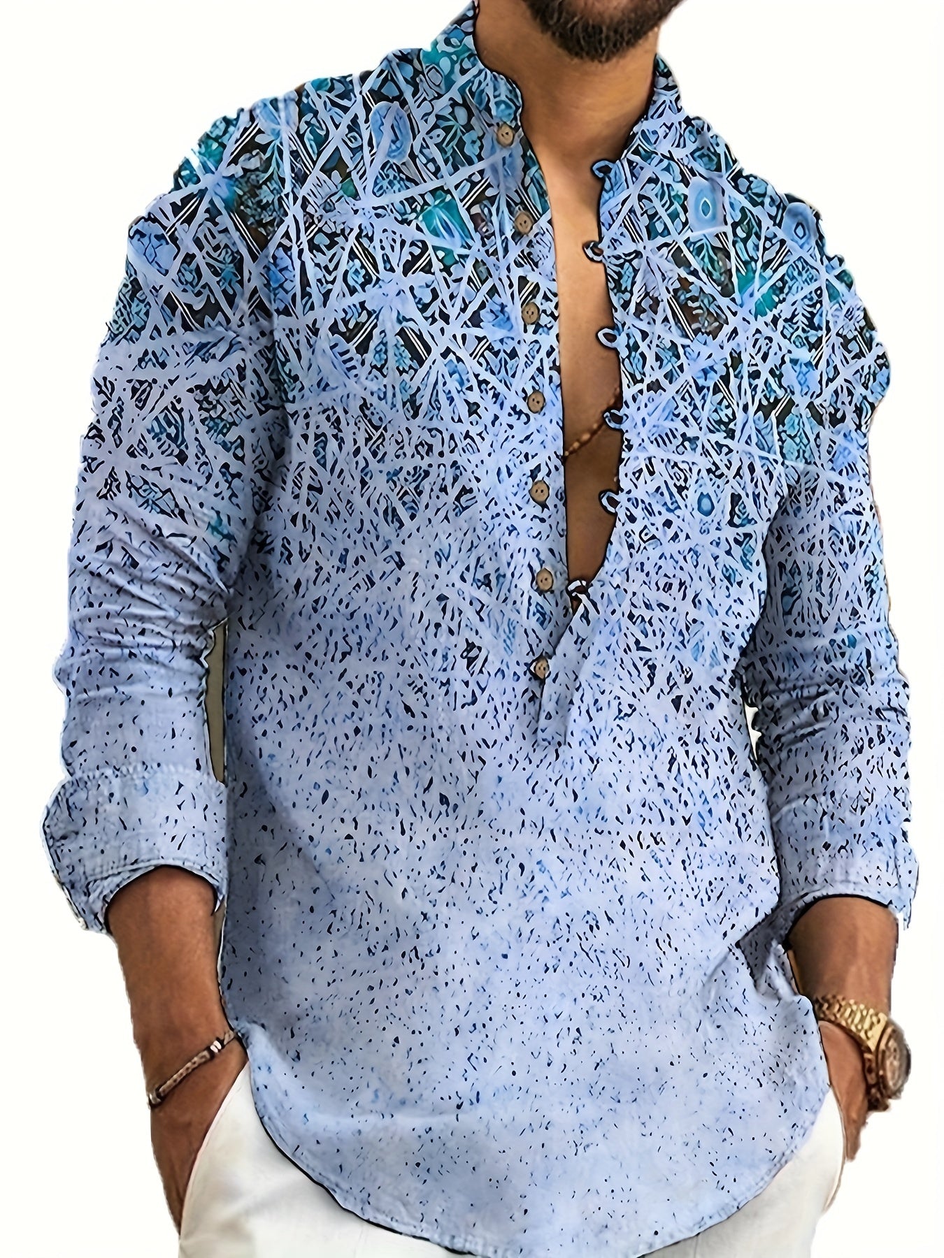 Chemise Henley décontractée à manches longues et boutons pour homme