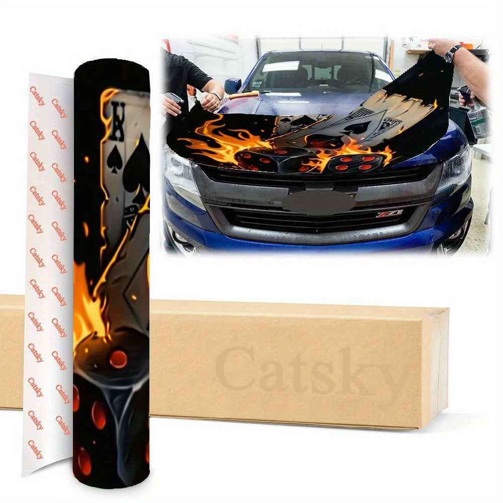 Flame Card Vinyl Stickers Car Engine Cover Wrap Colorful Vinyl Stickers Truck Pattern Engine Cover Car Accessories Decoration Dice Stickers Gift, Car Decal Stickers, Cool Car Accessories, Koi Car Side Stickers, Car Hood Stick