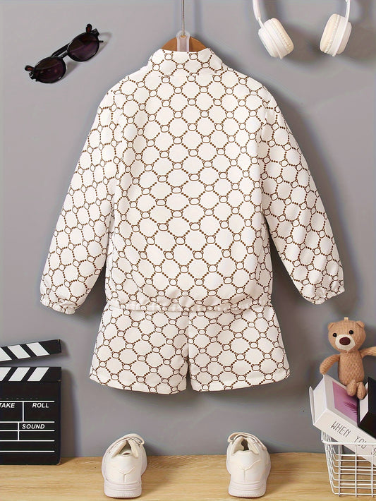 Kids Sporty Quick-Dry Woven Zip-Up Long Sleeve Jacket & Shorts Set, Cute Bear Print, Casual Style, Boys Spring And Fall Outfit - Topdecheztop.fr