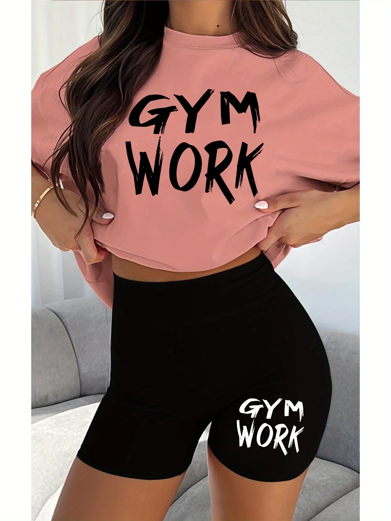 2pcs Women'S Gym Workout Set with Bold "GYM WORK" Letter Print T-Shirt and Black Shorts, Casual Athletic Outfit for Running and Fitness, Comfortable Fabric, Ladies' - Topdecheztop.fr