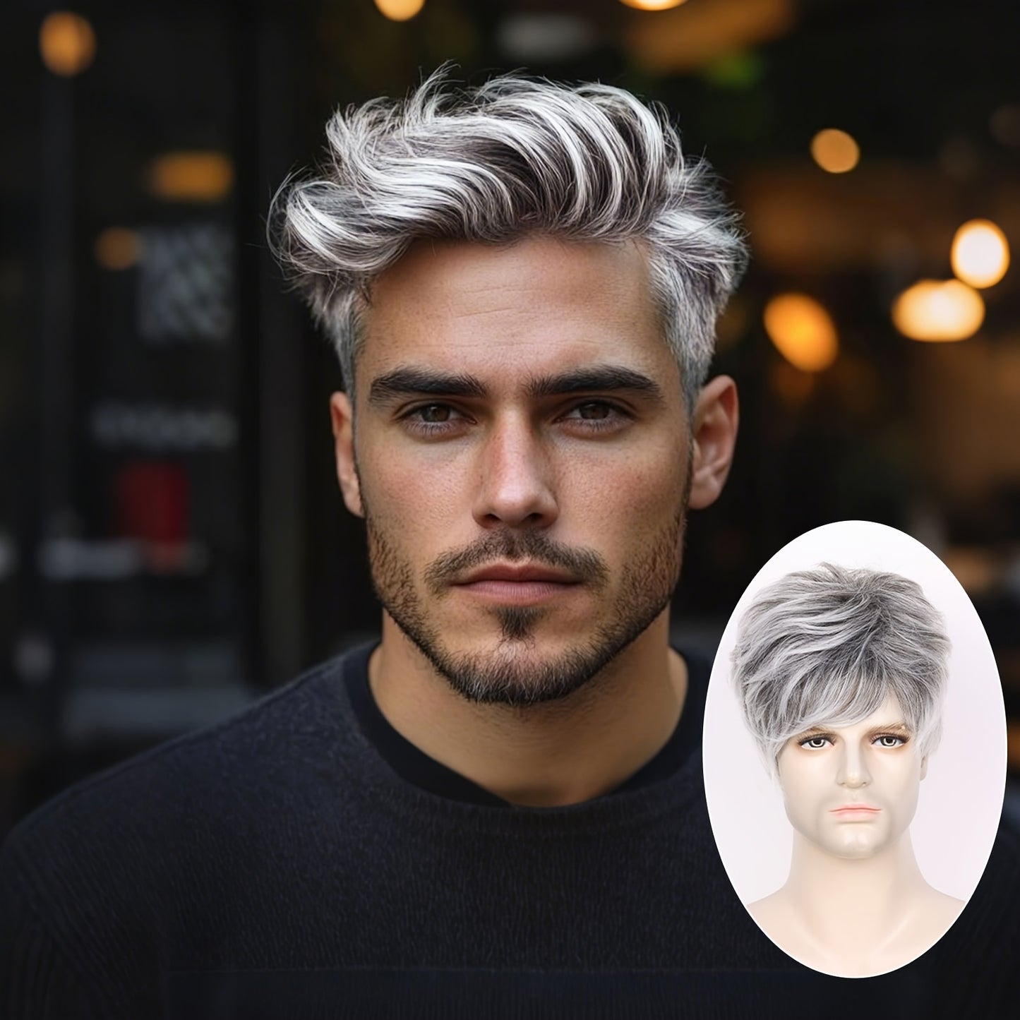 Perruque courte gris argenté pour homme, en fibres synthétiques