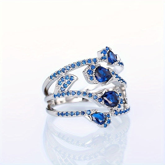 Bague fleur bleue argentée design élégant en plaqué argent - Topdecheztop.fr