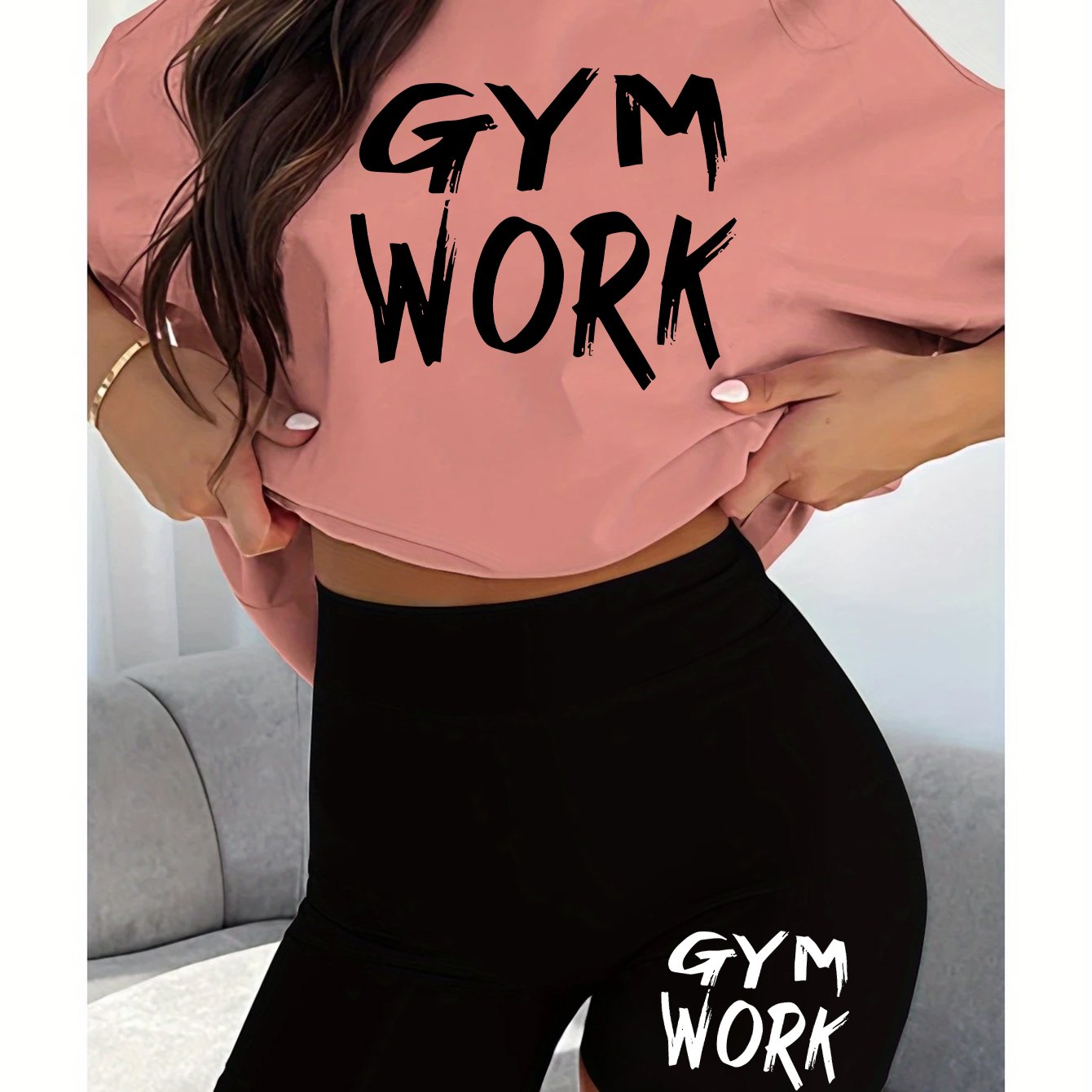2pcs Women'S Gym Workout Set with Bold "GYM WORK" Letter Print T-Shirt and Black Shorts, Casual Athletic Outfit for Running and Fitness, Comfortable Fabric, Ladies' - Topdecheztop.fr