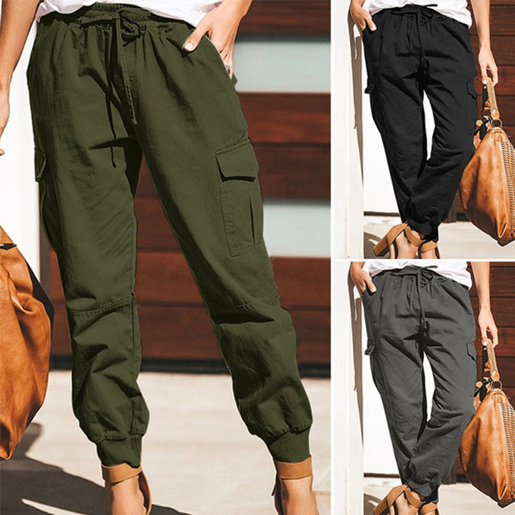 Pantalon cargo à lacets et poches, couleur unie, style décontracté