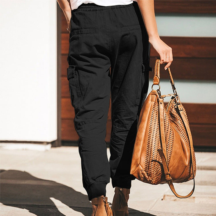 Pantalon cargo à lacets et poches, couleur unie, style décontracté