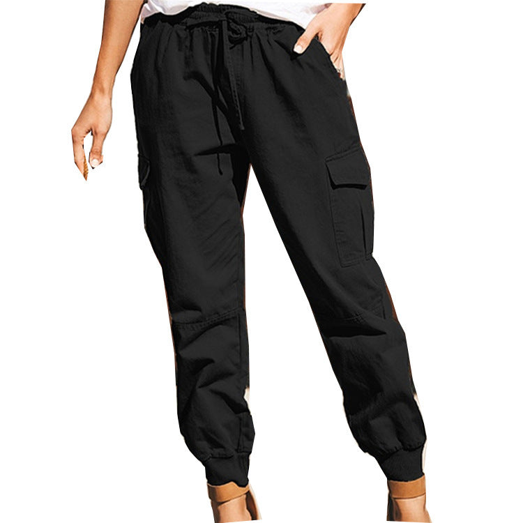 Pantalon cargo à lacets et poches, couleur unie, style décontracté