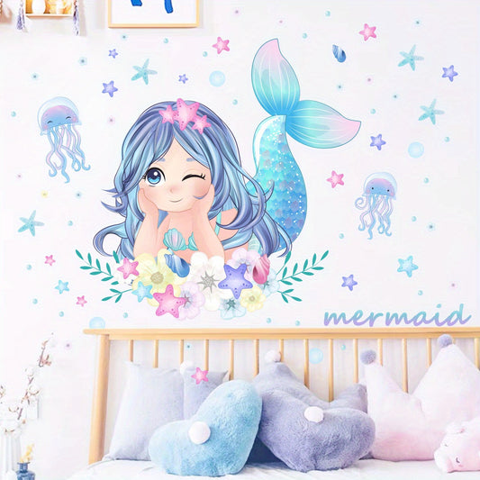 1pc Creative Wall Sticker, Cute Cartoon Mermaid Jellyfish Starfish Pattern Self-Adhesive Wall Stickers, Bedroom Entryway Living Room Porch Home Decoration Wall Stickers, Wall Decor Decals - Topdecheztop.fr