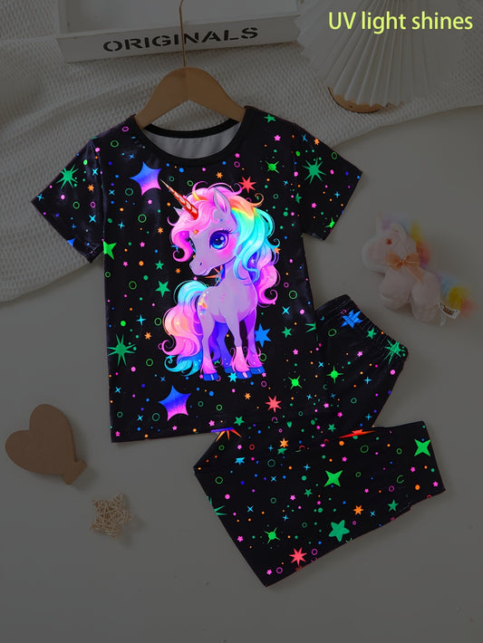 2 Pcs Cute Starry Unicorn Pattern Short Sleeve Top + Jogger Pants Co-ords Set, Casual Comfy Girls Summer Outfit Clothes - Topdecheztop.fr