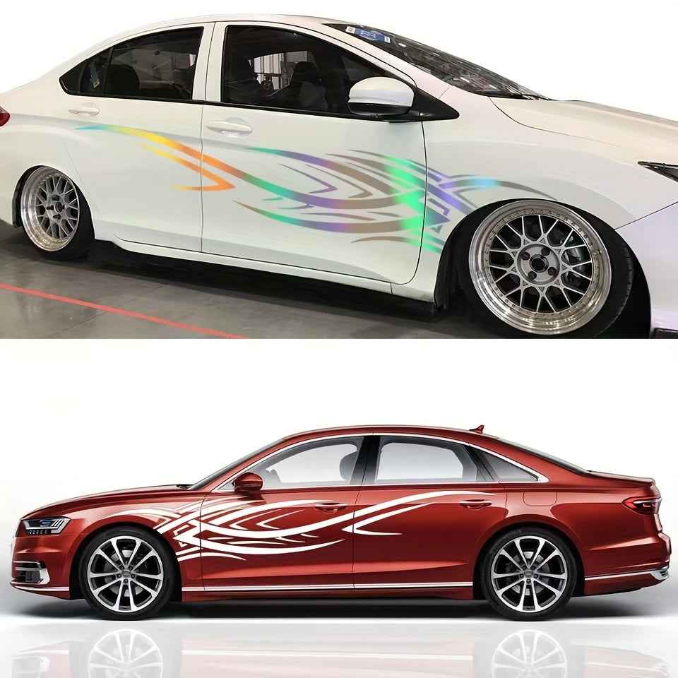 2pcs Sports Car Vinyl Stickers - Black & White Aggressive Design, Self-Adhesive Side Skirts for Cars, Trucks, and Motorcycles, Glossy Finish, Single Use, Sports Car Accessories | Aggressive Design | Glossy Vinyl
