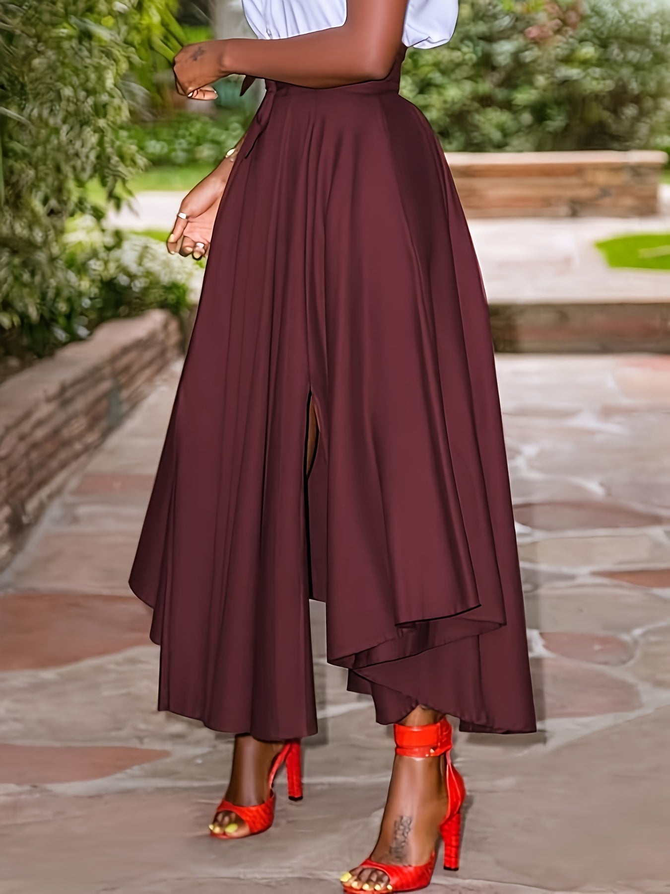 Plus Size Elegant Solid Color Maxi Skirt with Asymmetrical Hem and Belt - Casual Long Skirt with Pockets, Non-Stretch Polyester, Machine Washable - Navy Blue, Perfect for Spring/Summer/Fall, Plus Size Skirts - Topdecheztop.fr