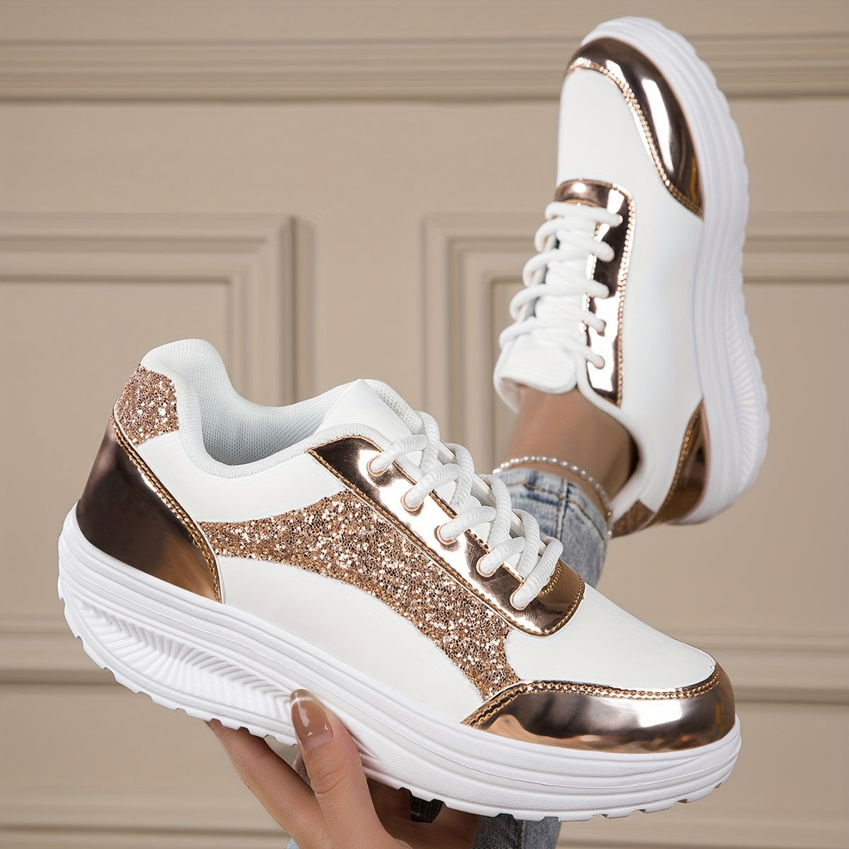 Chaussures à paillettes pour femmes, baskets basses à plateforme tendance - Topdecheztop.fr