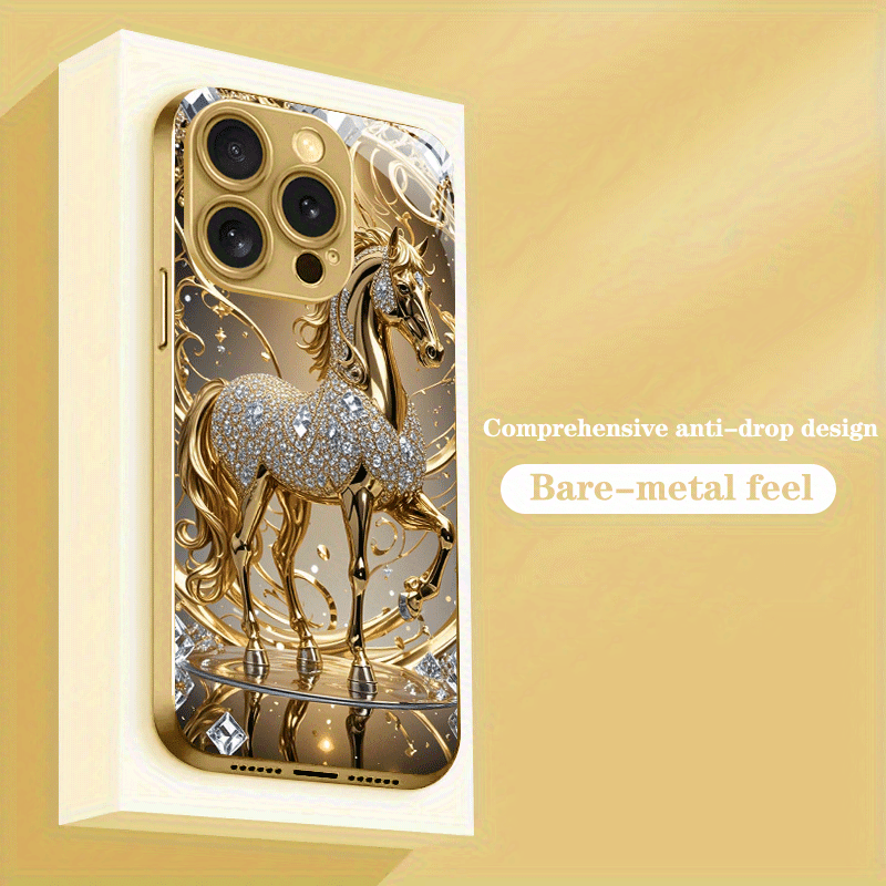 Coque de téléphone de luxe premium en verre avec motif cheval doré - Topdecheztop.fr