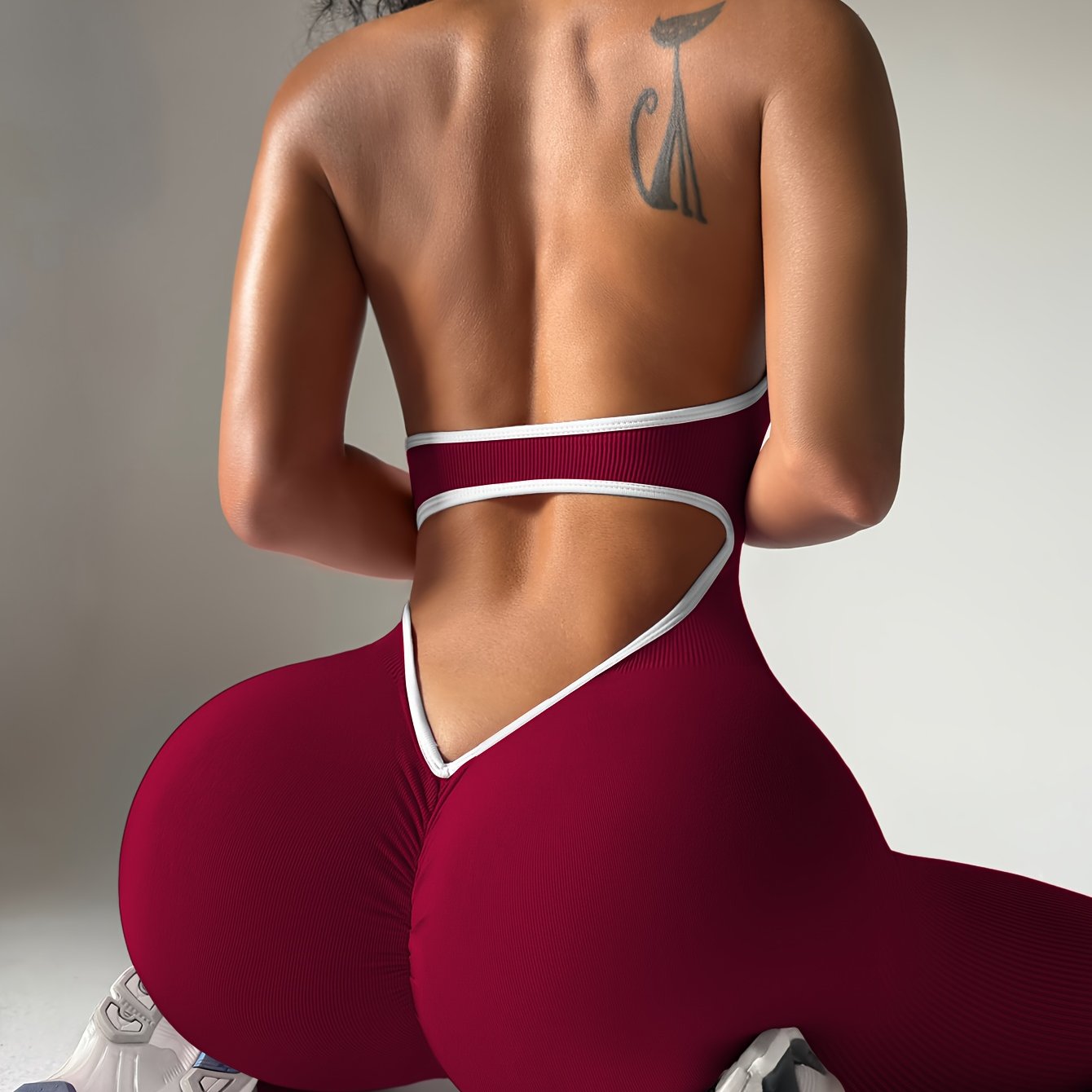 Women'S High-Waisted Yoga Bodysuit - Stretchy, Comfortable, and Sexy Backless Halter Neck Design in Vibrant Pink & Purple Ribbed Patterns, Perfect for Fitness and Exercise, Workout Clothing | Halter Neckline | Stretchy Fabric - Topdecheztop.fr