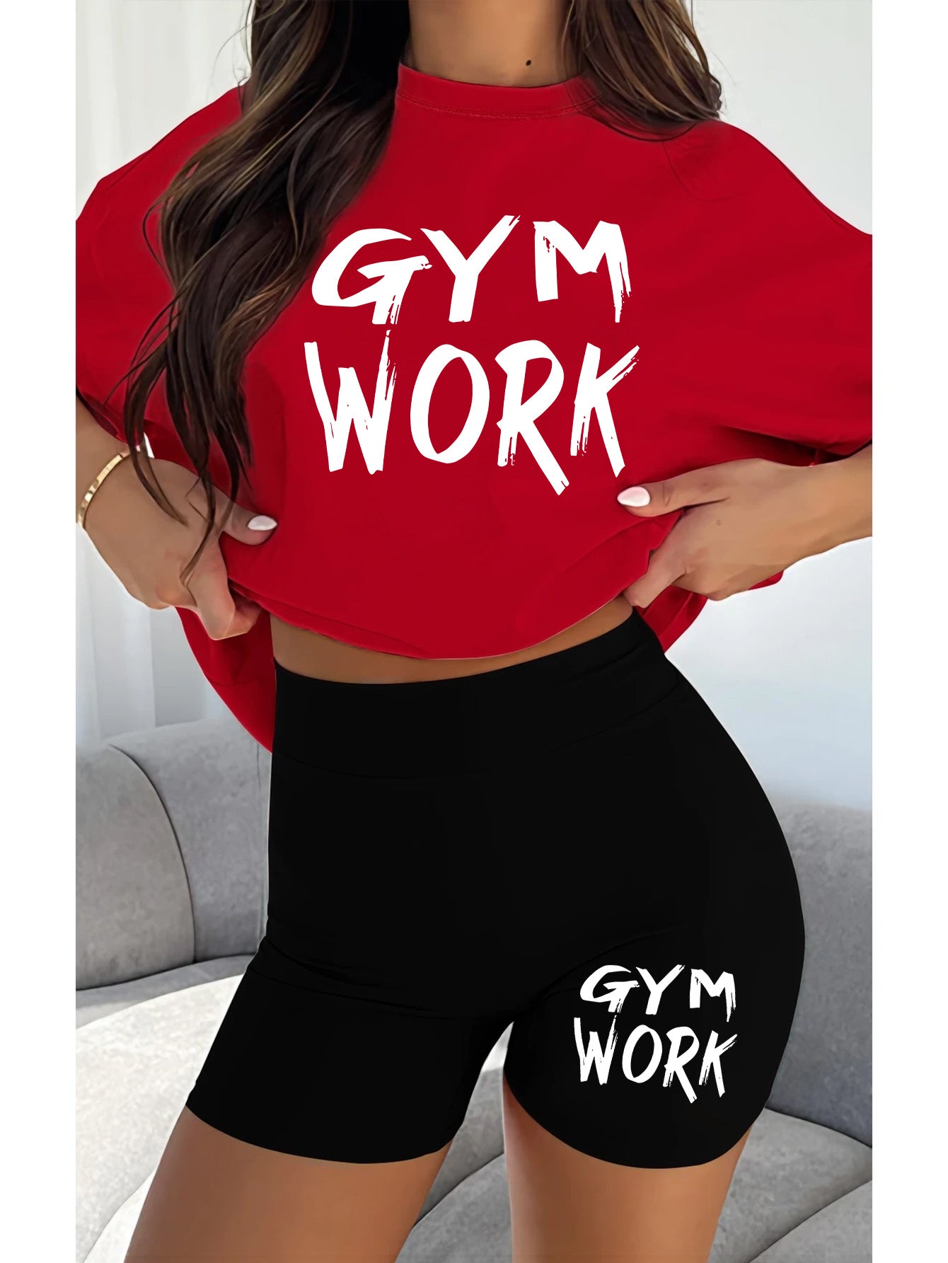 2pcs Women'S Gym Workout Set with Bold "GYM WORK" Letter Print T-Shirt and Black Shorts, Casual Athletic Outfit for Running and Fitness, Comfortable Fabric, Ladies' - Topdecheztop.fr