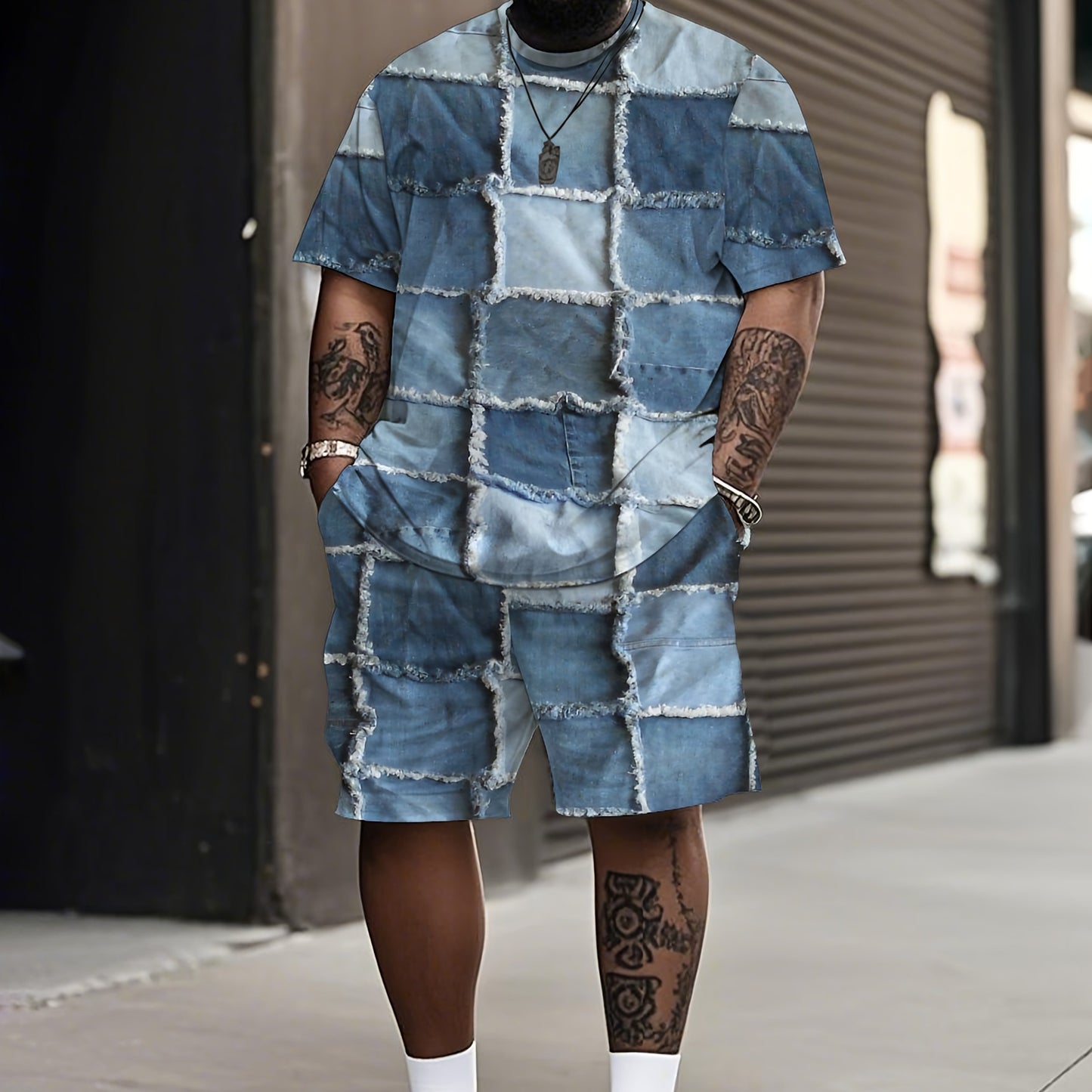 Ensemble t-shirt et short en denim patchwork, motif unique - Topdecheztop.fr