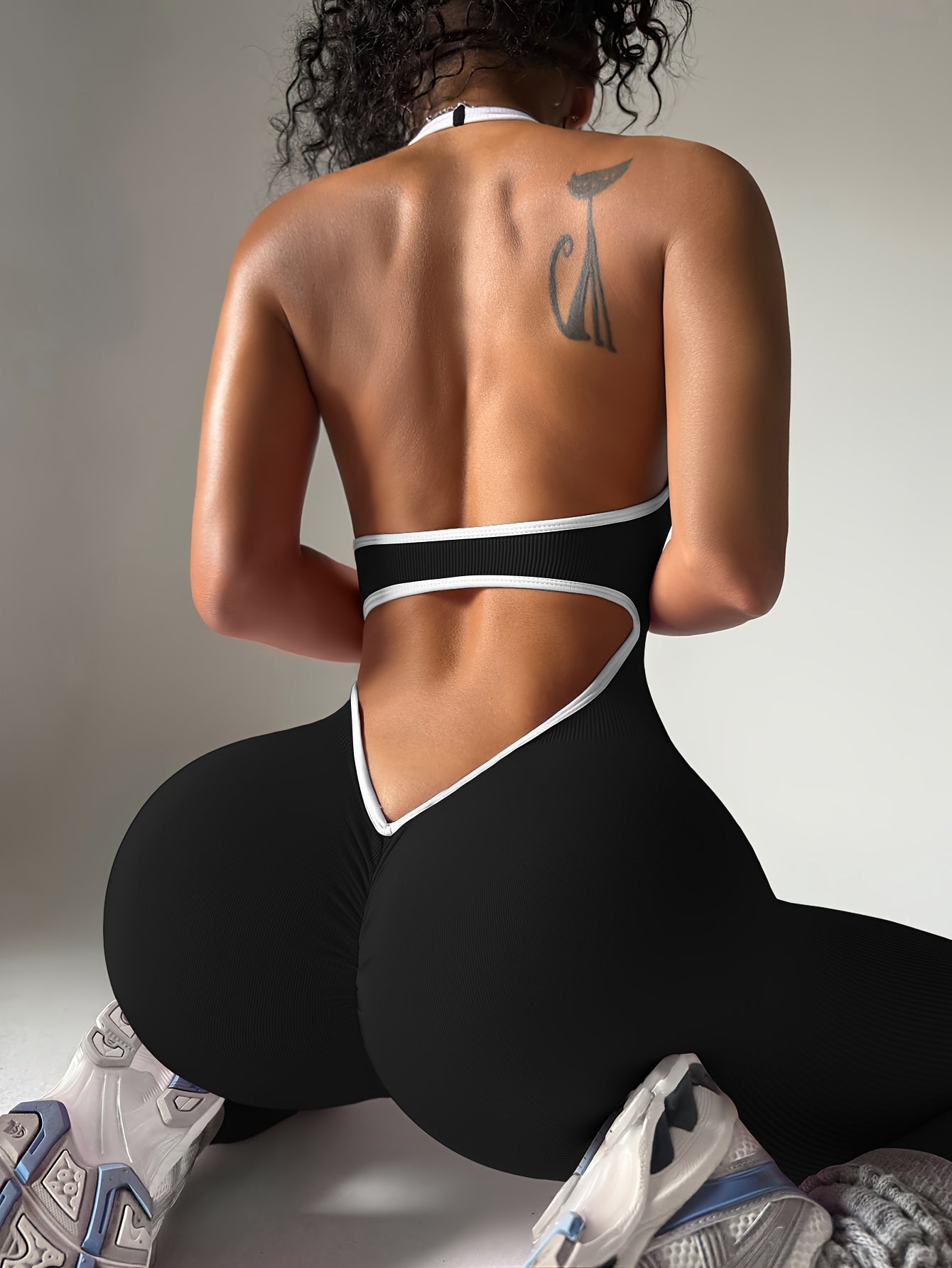 Women'S High-Waisted Yoga Bodysuit - Stretchy, Comfortable, and Sexy Backless Halter Neck Design in Vibrant Pink & Purple Ribbed Patterns, Perfect for Fitness and Exercise, Workout Clothing | Halter Neckline | Stretchy Fabric - Topdecheztop.fr