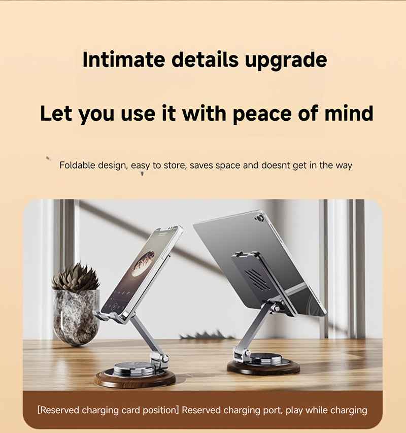 Walnut Wood Grain Folding Mobile Phone Holder, Adjustable Folding Desktop Mobile Phone Holder, All Metal 360-Degree Rotating Holder, Suitable for Mobile Phone Desktop Holder, Suitable for Home, Office And Travel Use-Ideal Gif