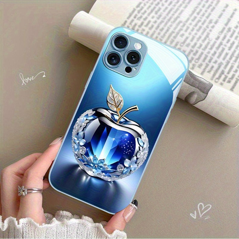 Nouvelle coque de téléphone en verre à motif Apple en cristal bleu - Topdecheztop.fr